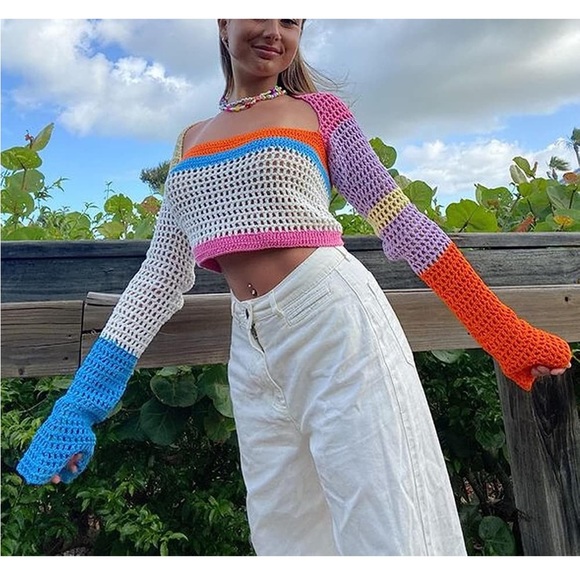 NEW Y2K Color Block Knit Cropped Top Argyle Sweater Large - Picture 3 of 5